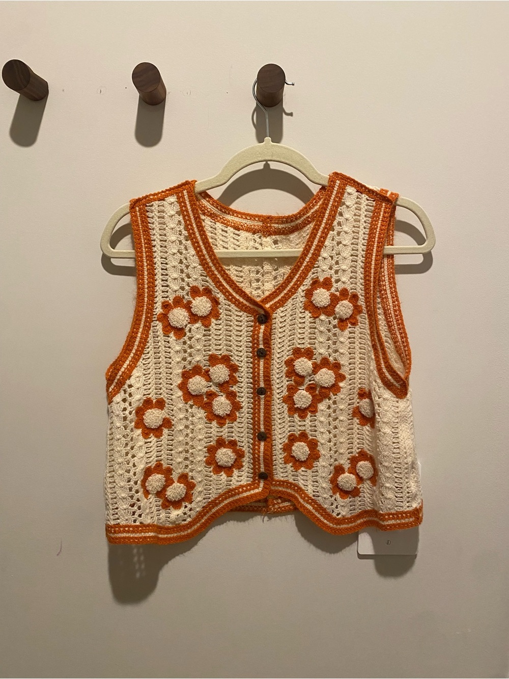 Crochet Flower Button-Up Vest - Cream & Orange